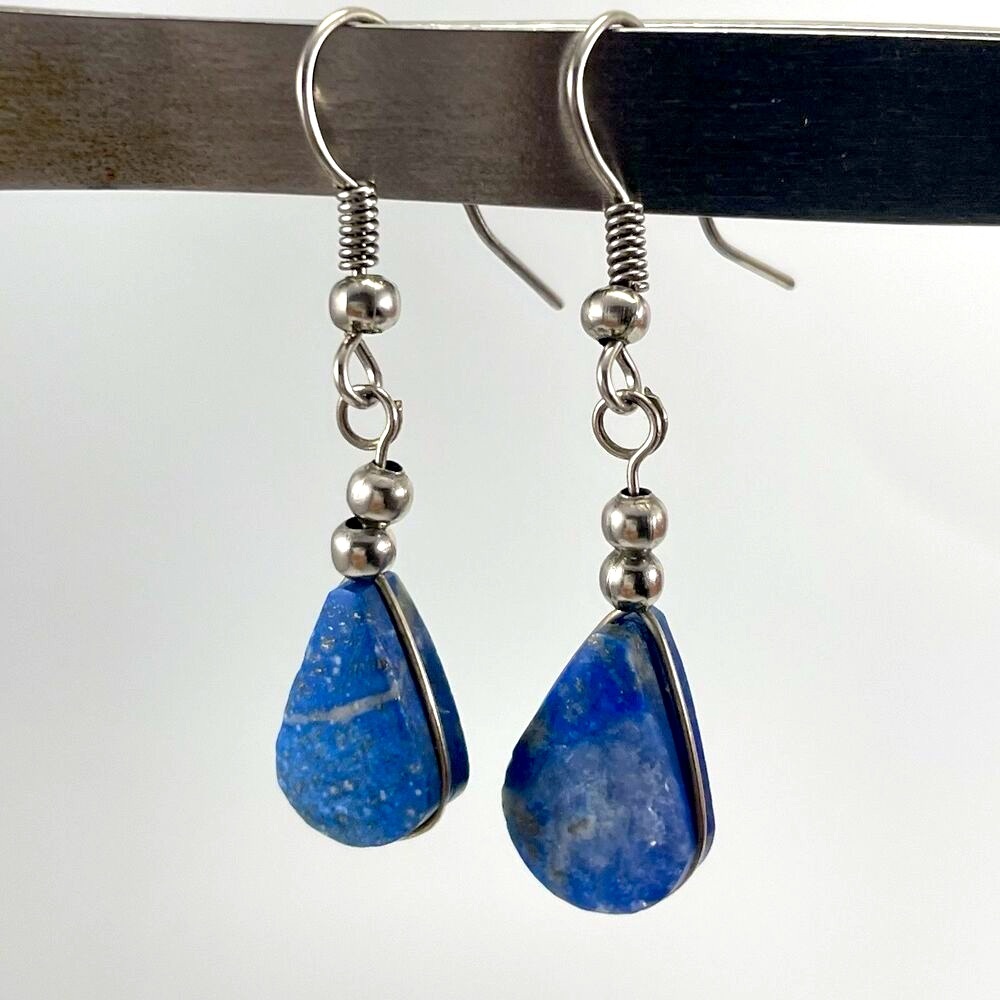 Lapis Lazuli Stone Silver Tone Hook Setting Earrings Dangle Minimalist Boho